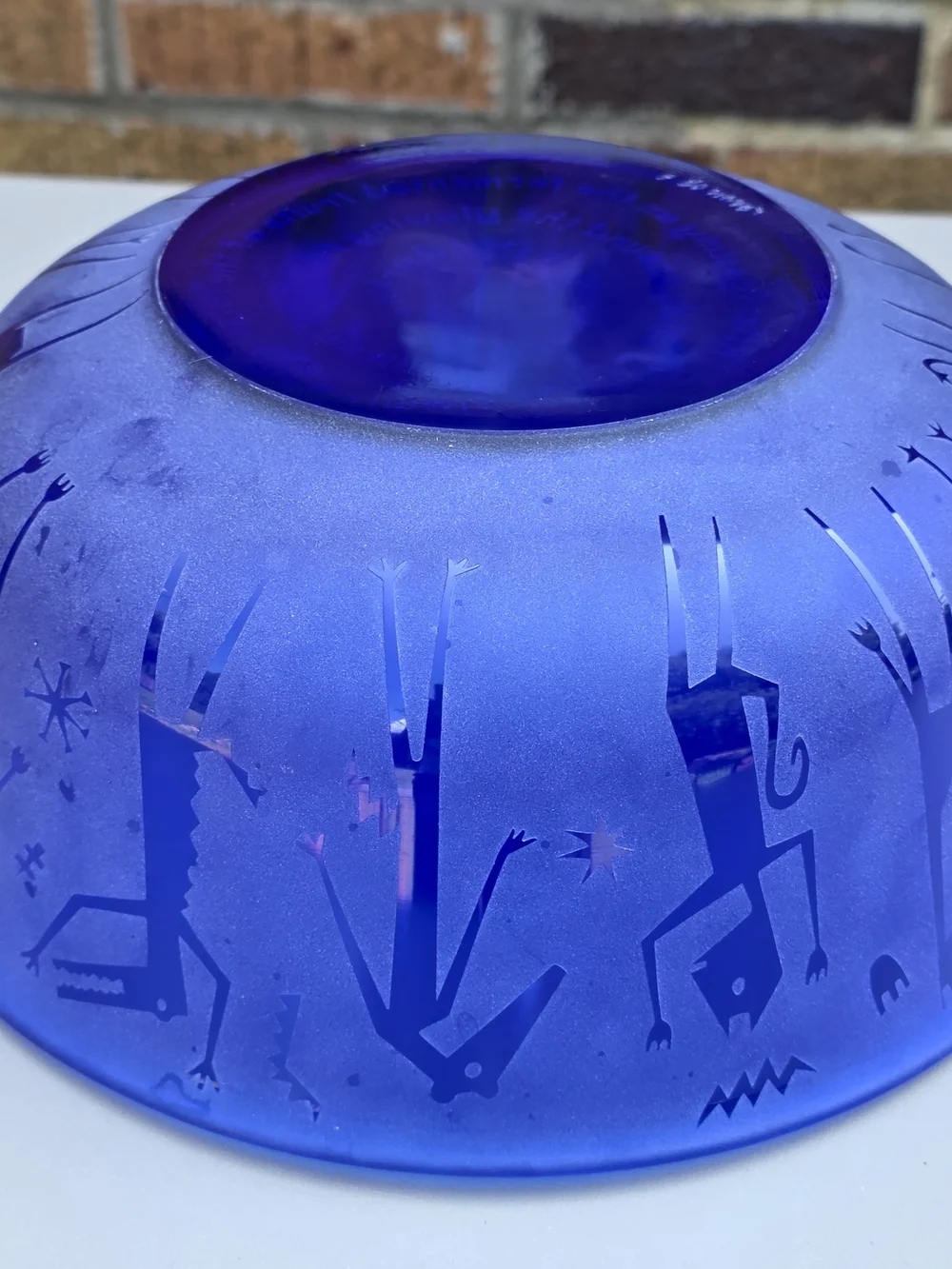 Leandra Drumm Etched Blue Glass Bowl with Whimsical Figures 9